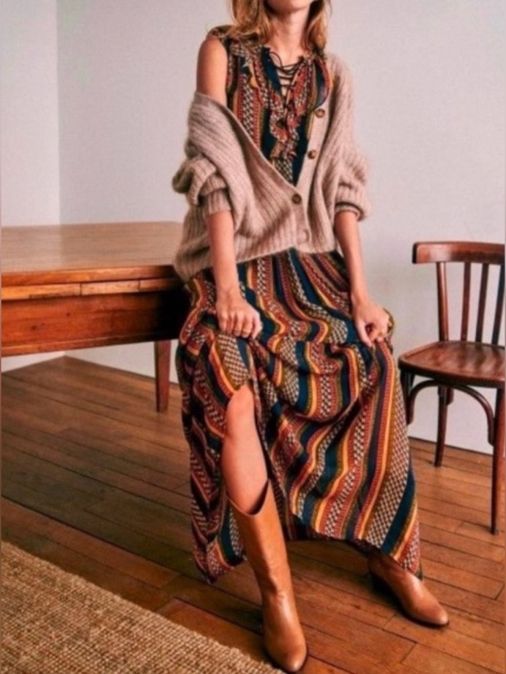 Sezane Dolores Lace Up Sleeveless Ruffle Maxi Dress in Maya Stripe Size 8 - Picture 2 of 10